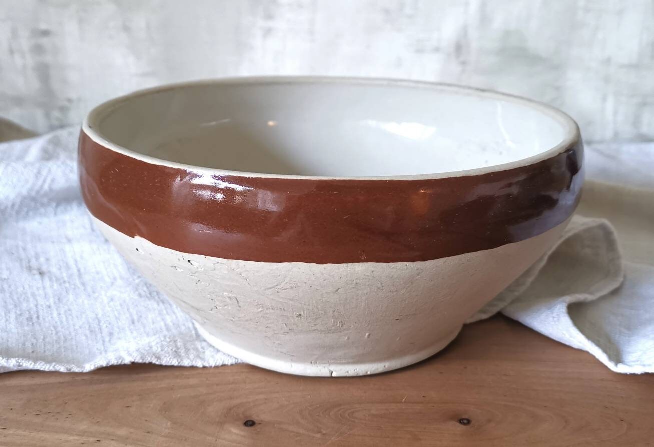 Grand Bol à Mélanger en Grès Français Vintage, Confit Émaillé Beige/Gris, Fruits, Ferme Rustique, Bo