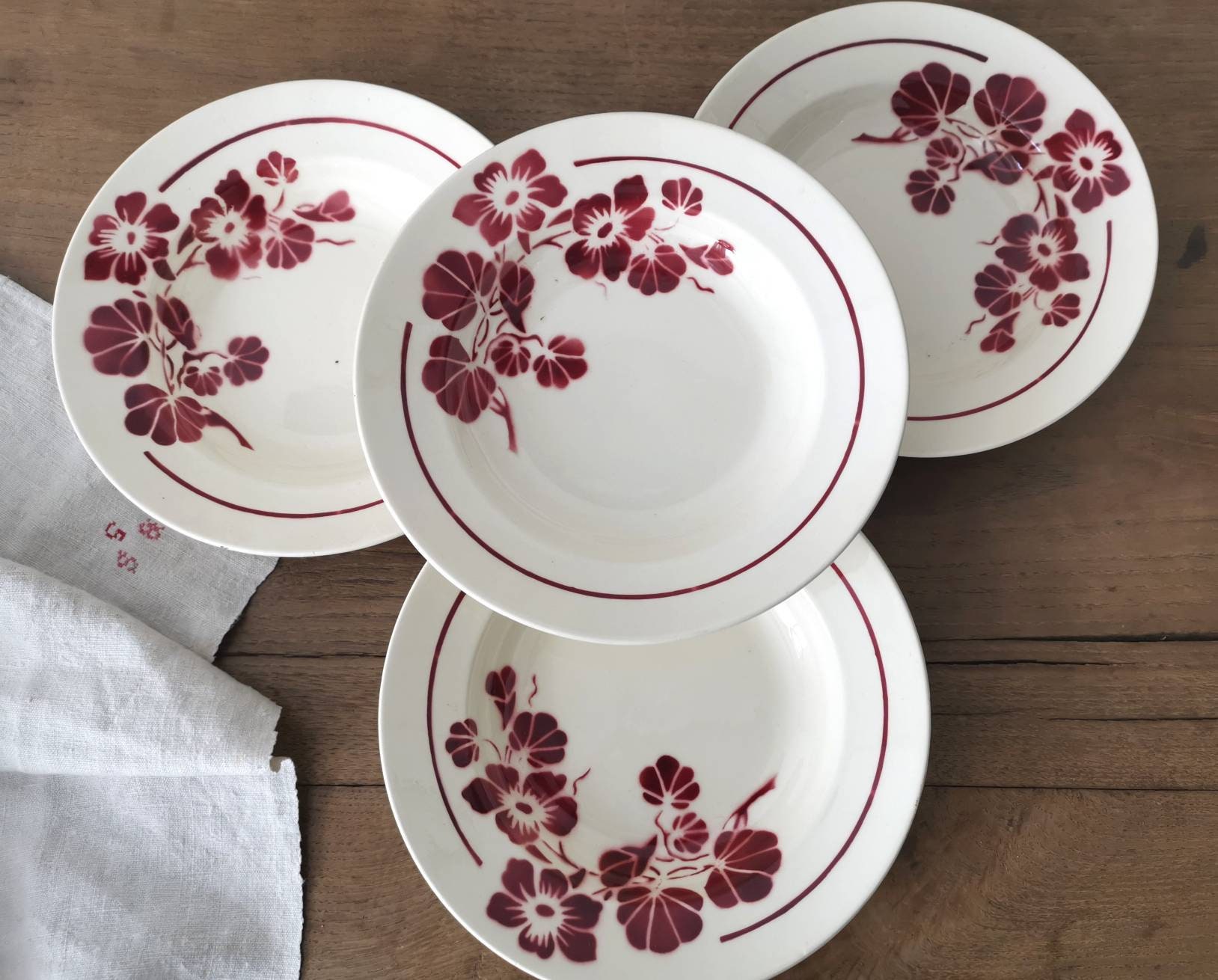 Assiettes à Soupe Vintage 4 Français, Estampillées Badonviller France Capucines, Fleurs de Capucine 