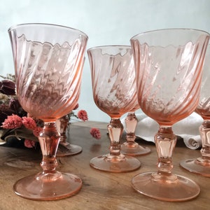 Vintage French Set of 6 Wine Glasses SIZE B, Blush Pink Glasseware, Rosaline, Art Deco 1960s, Tempered Glass, Made in France