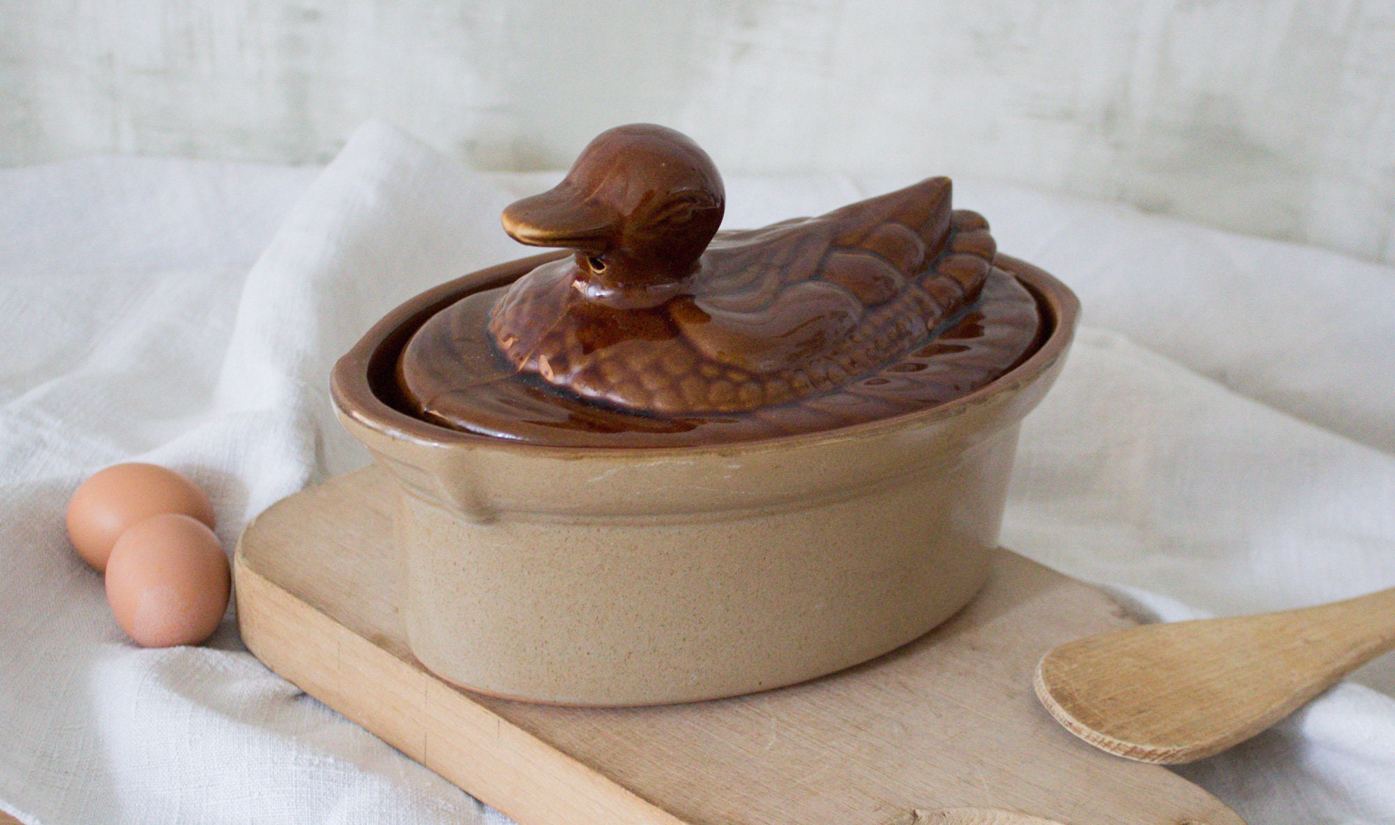 Vintage Français Canard en Forme Terrine La Bourguignonne/Grès Tureen Majolique Foie Gras Plat Stone