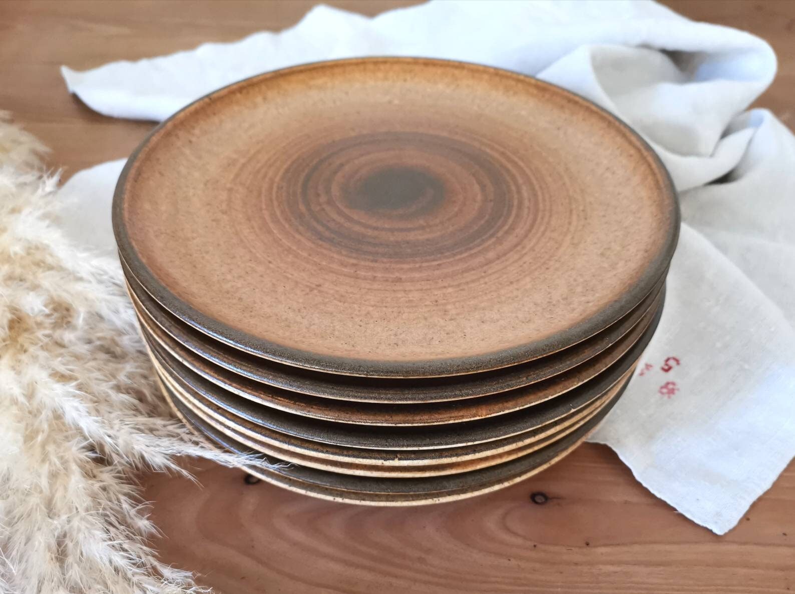 Assiettes Vintage 8 Français/Grès Émaillé Beige Longchamp France Glacé Moucheté Poterie Artisanale O