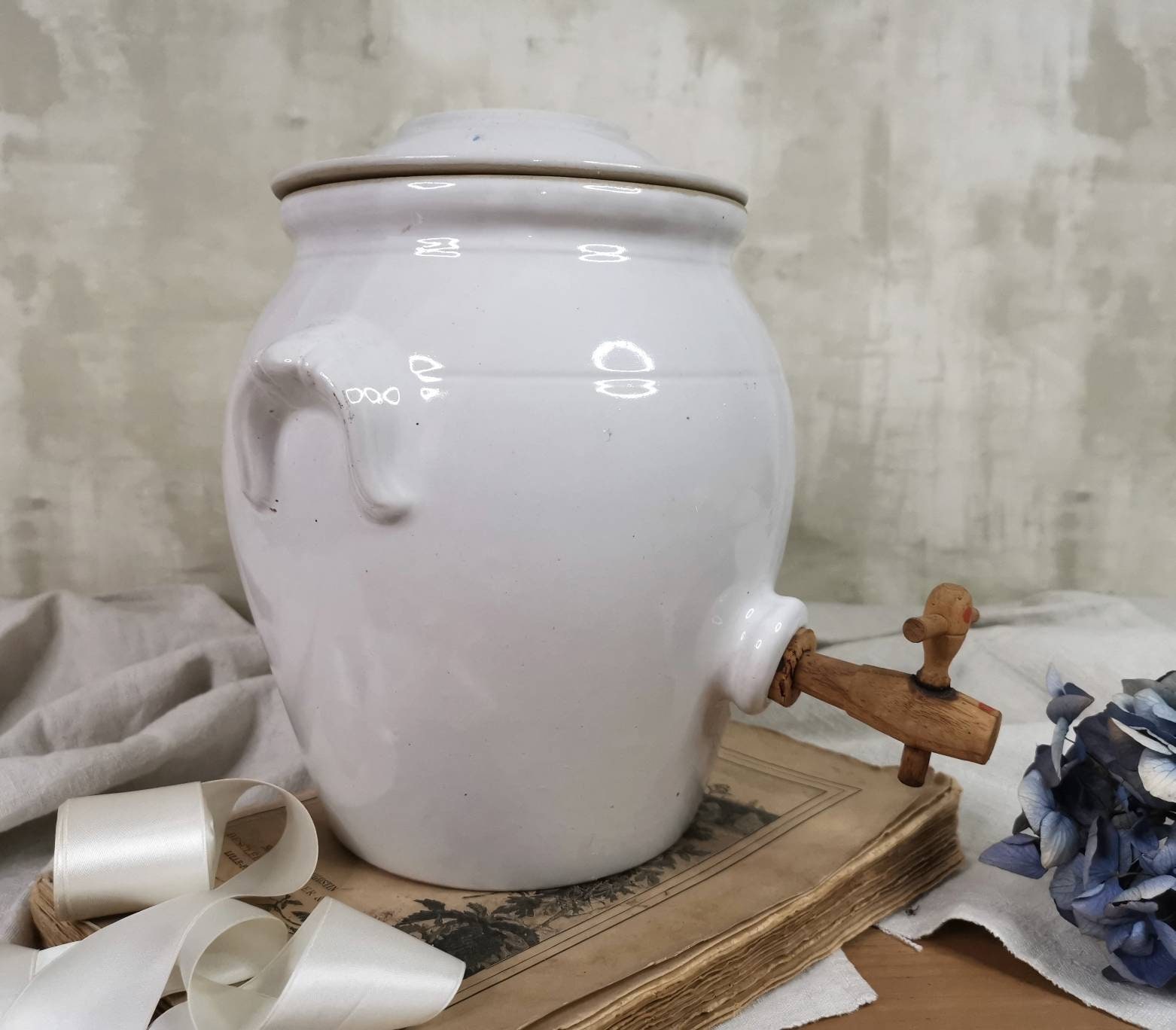 xl Grès Eau Fontain, Digoin France, Beige Gris Émaillé Pot W 2 Poignées Latérales, Vinaigrerie Primi