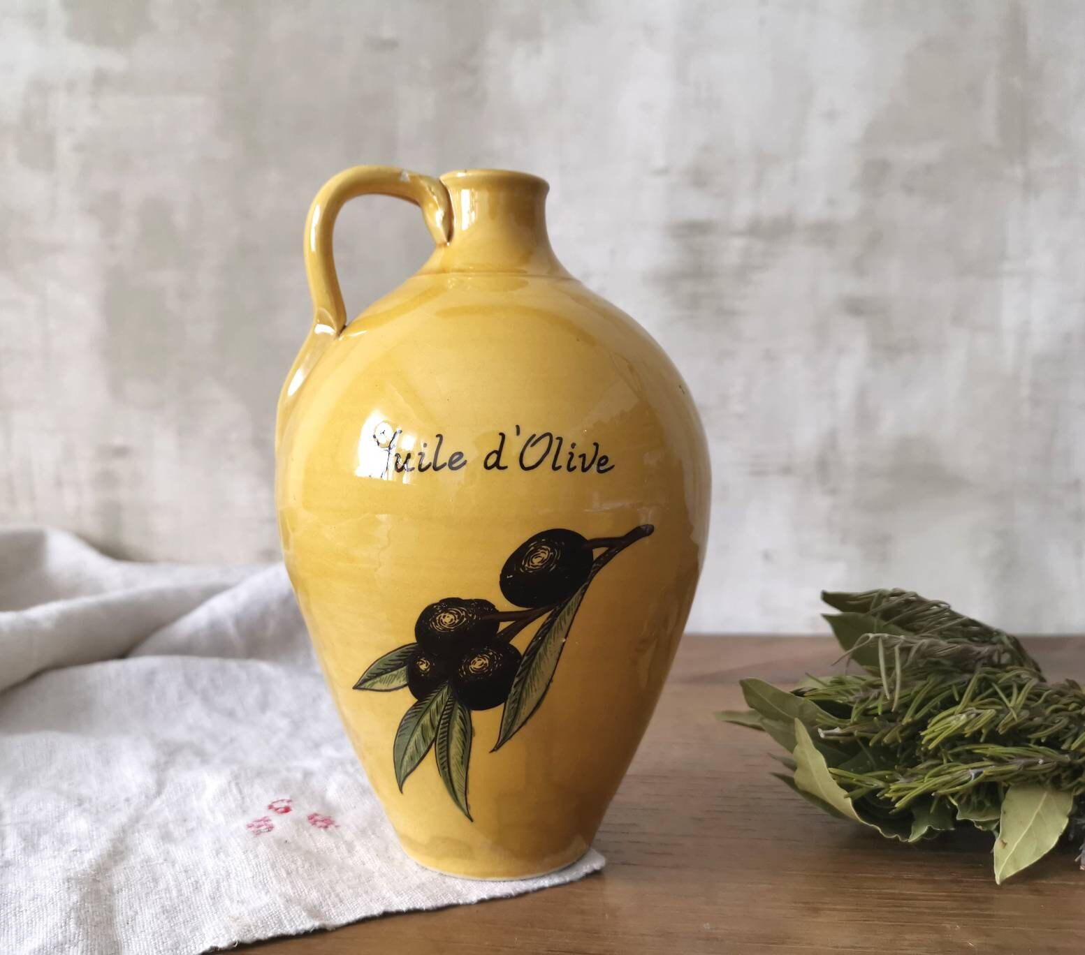 Français Bouteille d'huile d'olive Vintage avec Poignée, Branches Jaunes et Noires, Pot en Grès Jaun