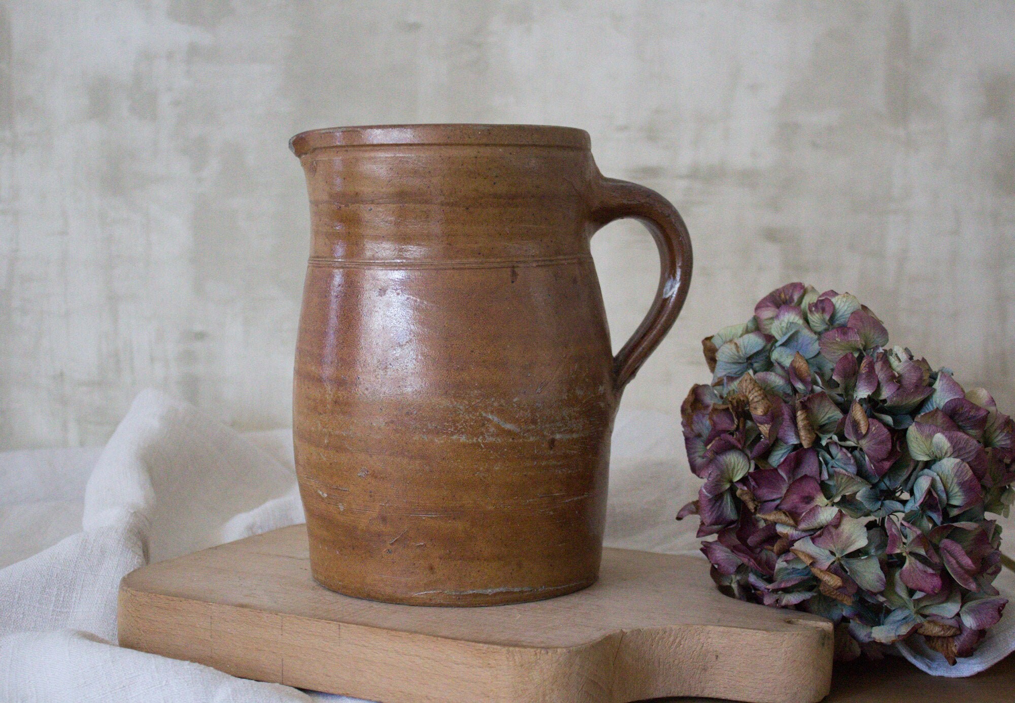 Français Pichet Antique Fait à La Main, Grand Pot de Grès Crock, Pot Confit Gris Brun, W Poignée, en