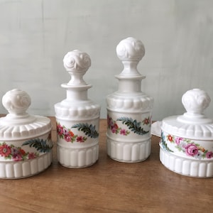 Vintage French Bathroom Set, Paris Porcelain, White Porcelain with Pink Flower Design