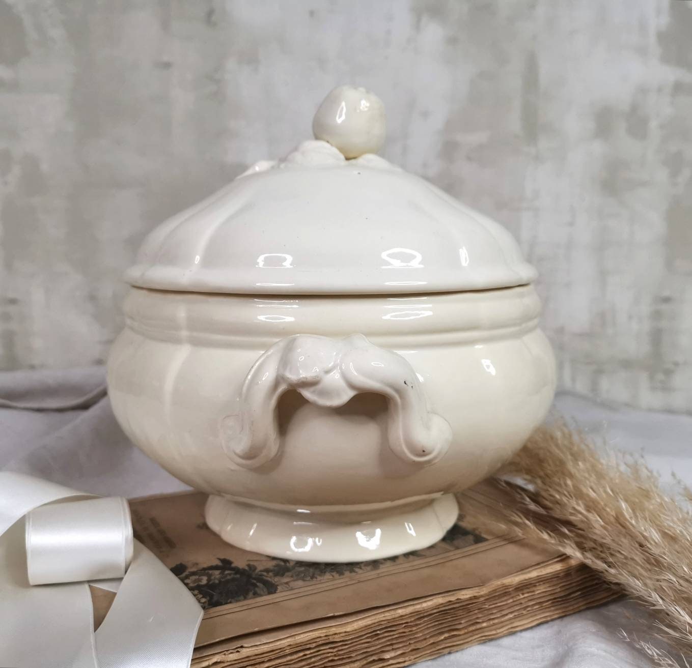 Antique Français Soupe Tureen/Pierre de Fer Crémeuse Estampillé Digoin Sarreguemines France Grand Li