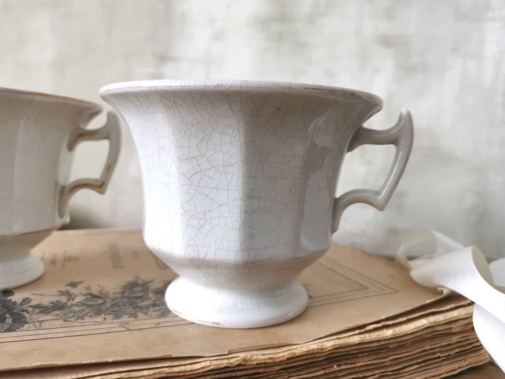 2 Tasses à Thé Français Antiques, Pierre de Fer Blanche, Sarreguemines Estampillées Chine, Grand Vis