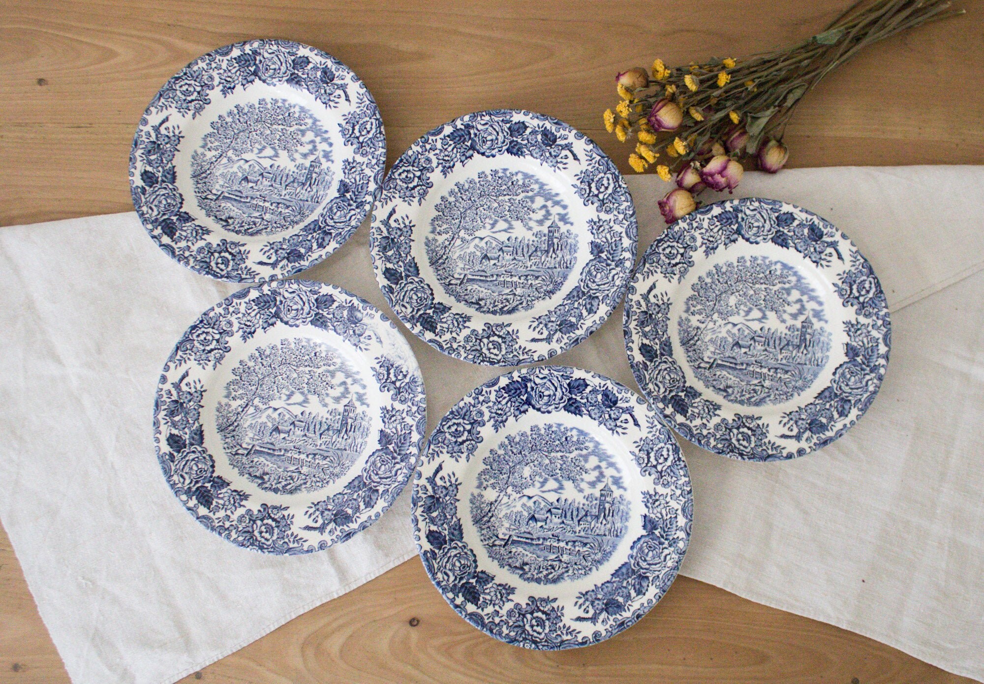 5 Français Assiettes à Soupe Antiques, Luneville France, Pierre de Fer Blanche et Bleue, Décoration 