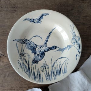 Rare ! French Antique Ironstone Plate, GIEN, Blue Transferware, Bird Duck Decor, Art Nouveau Floral Plate