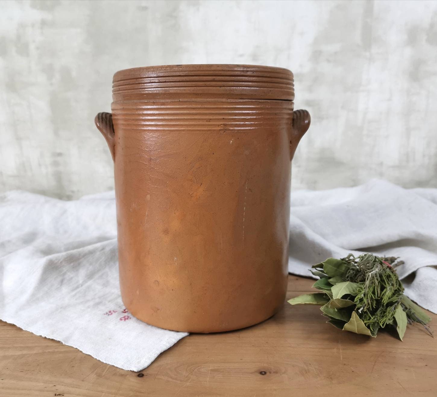 Français Mijoteuse Antique W Couvercle, Grès Émaillé Marron Beige, Grand Pot de Cuisine/Rustique