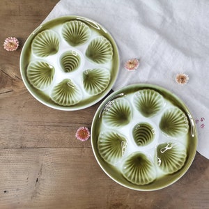 2 French Antique Oyster Plate stamped ORCHIES France/ White Green Majolica Shell Platter