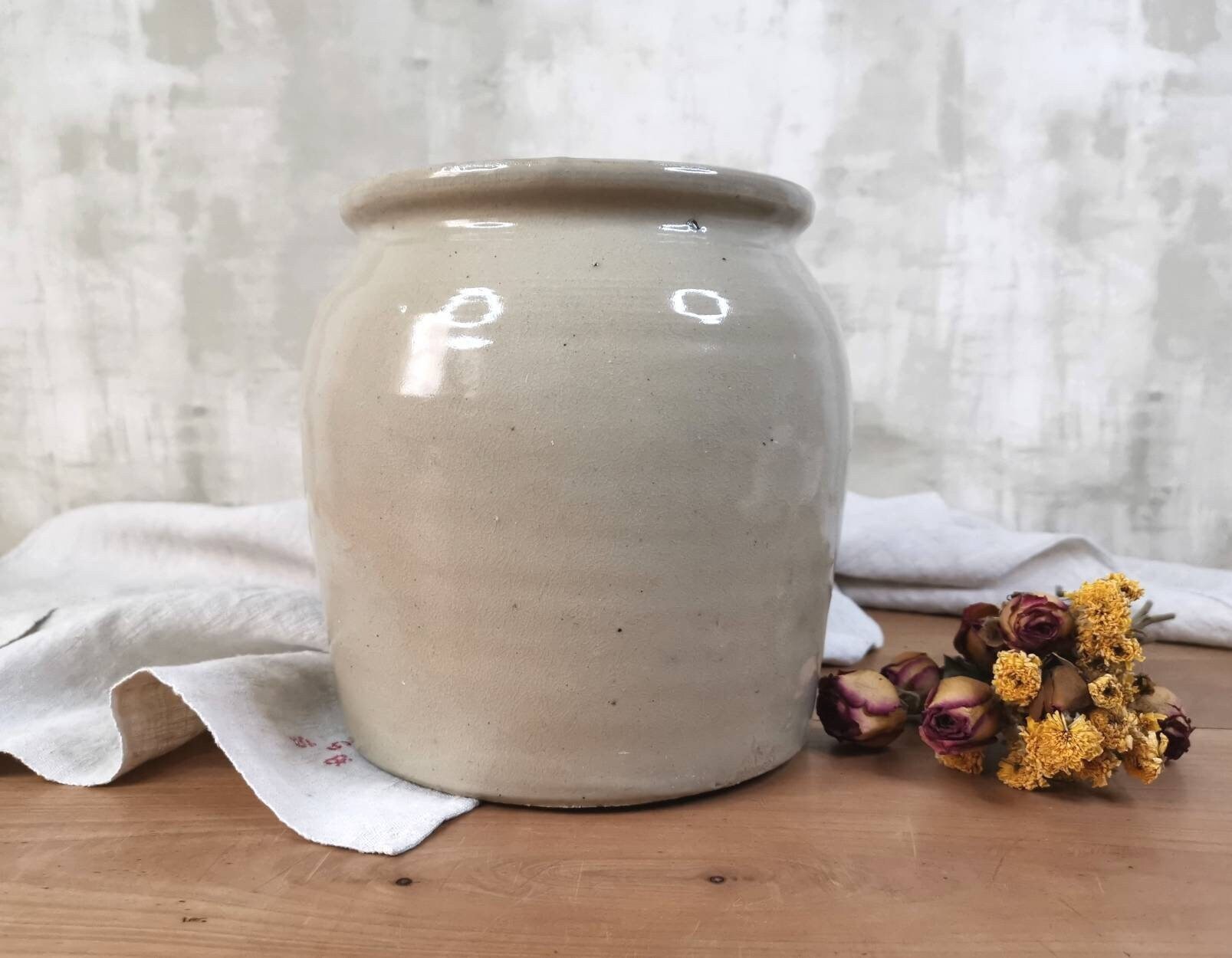 xl Français Pot Confit Antique Fait à La Main, en Grès Glacé Beige/Gris Ferme Rustique
