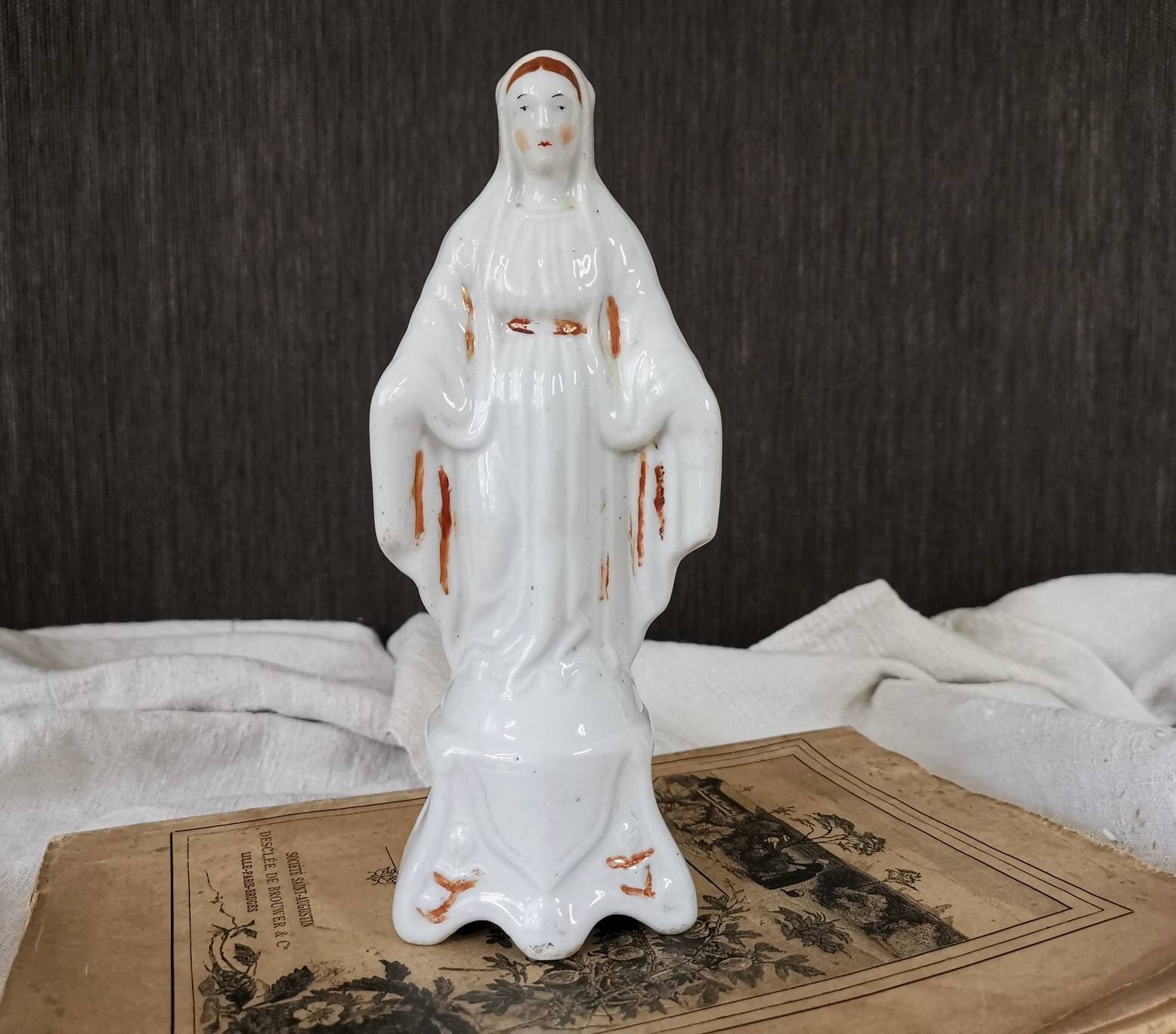 1900 Antique Français Holly Virgin Mary, Statue Religieuse Bisque de Notre-Dame Lourdes, Entièrement