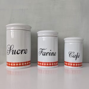 3 Vintage French Kitchen Jars, White Porcelain and Red Ggingham Pattern, Floor, Coffee, Suggar