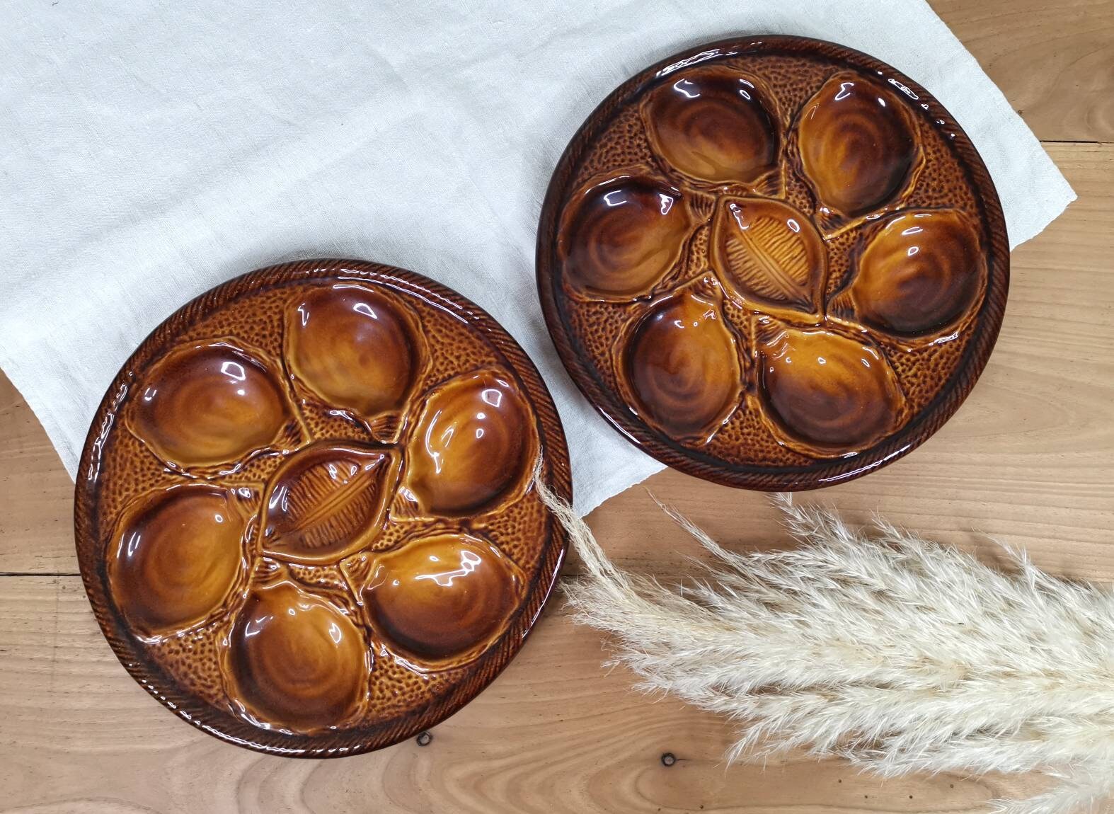 2 Assiette d'huîtres Français Antique Saint-Clément France/Plateau de Coquilles Majolique Jaune Marr