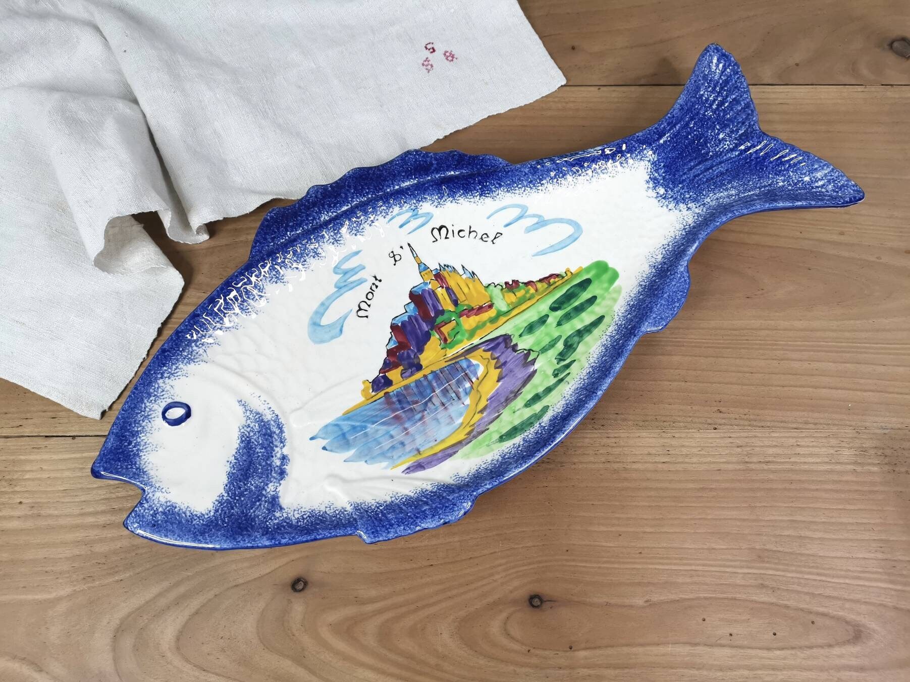 Grand Plateau de Service Poisson Mont Saint Michel, Assiette Français Vintage Peinte à La Main, Plat