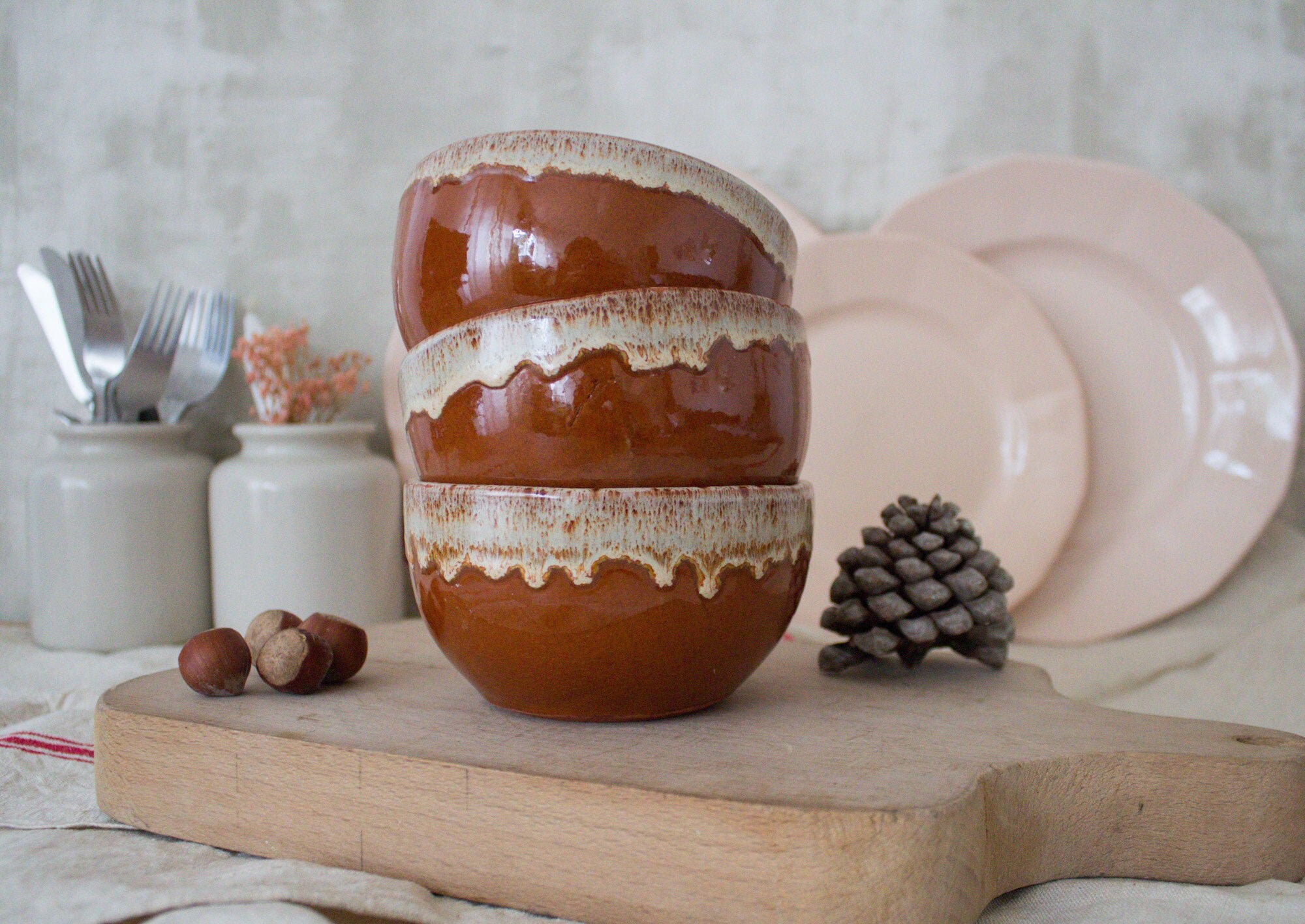 3 Antiques Français Grès Terrine Bols en Terre Cuite Beige/Gris Goutte à Goutte Grès Glacé, Cuisine 