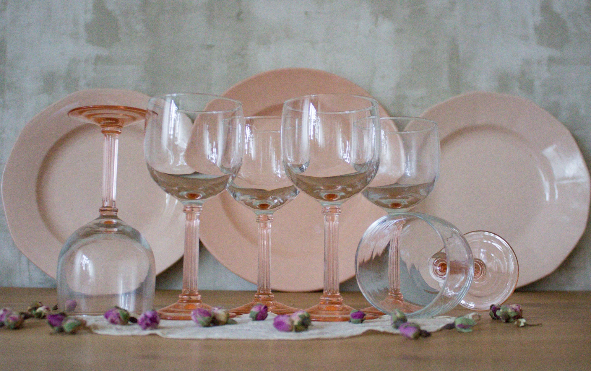 Vintage Français Ensemble de 6 Verres à Vin, Coupes Champagne, Verrerie Rose Blush, Rosaline, Art Dé