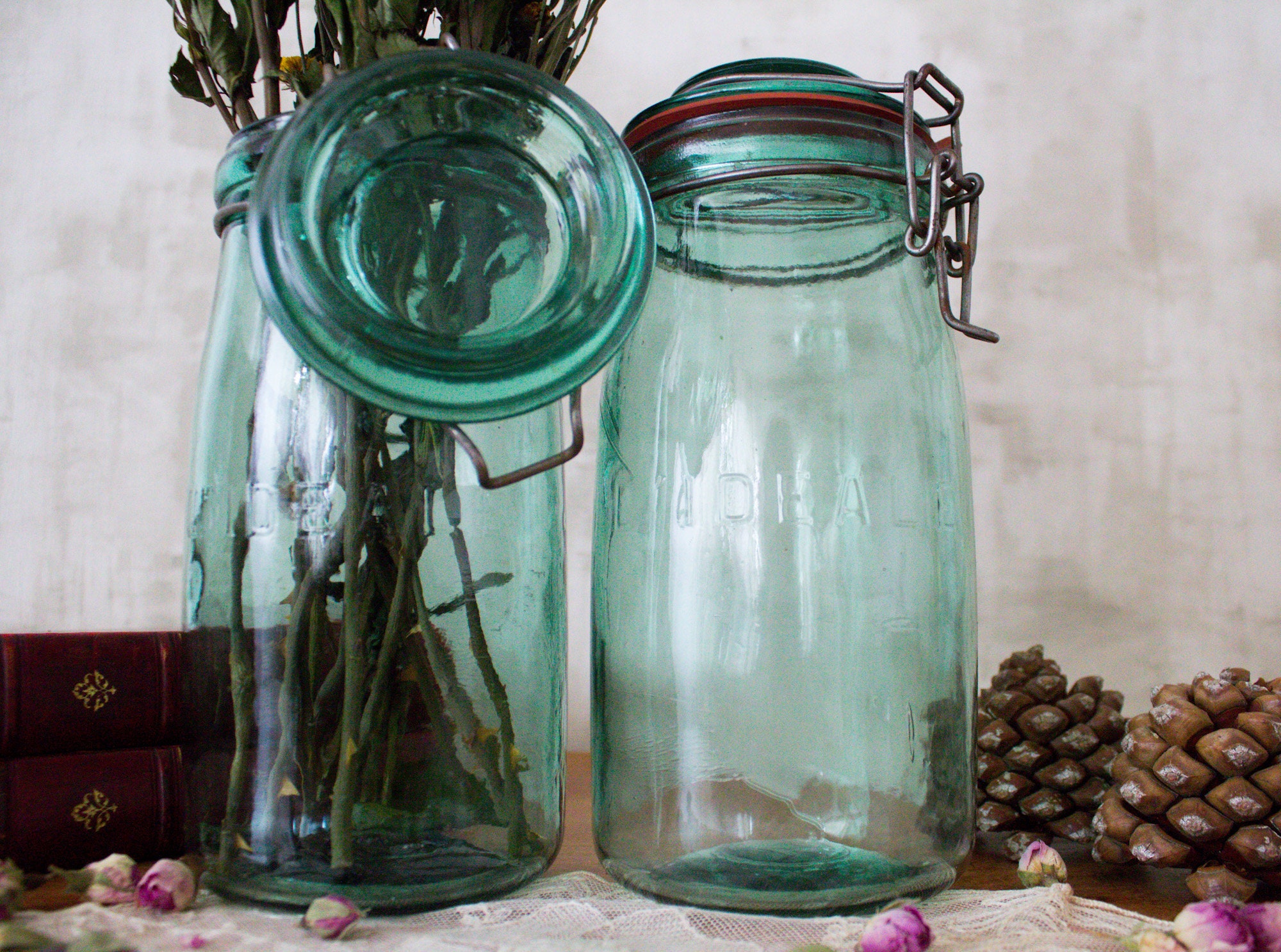 Pot de Rangement en Verre Français Antique 1 L'ideale Des Années 1930, Pot Conservation Vintage, Ver