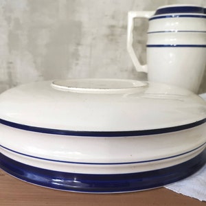 Antique French Ironstone Toilet Set, Choisy le Roi HB & Cie, White and Blue Strips image 4