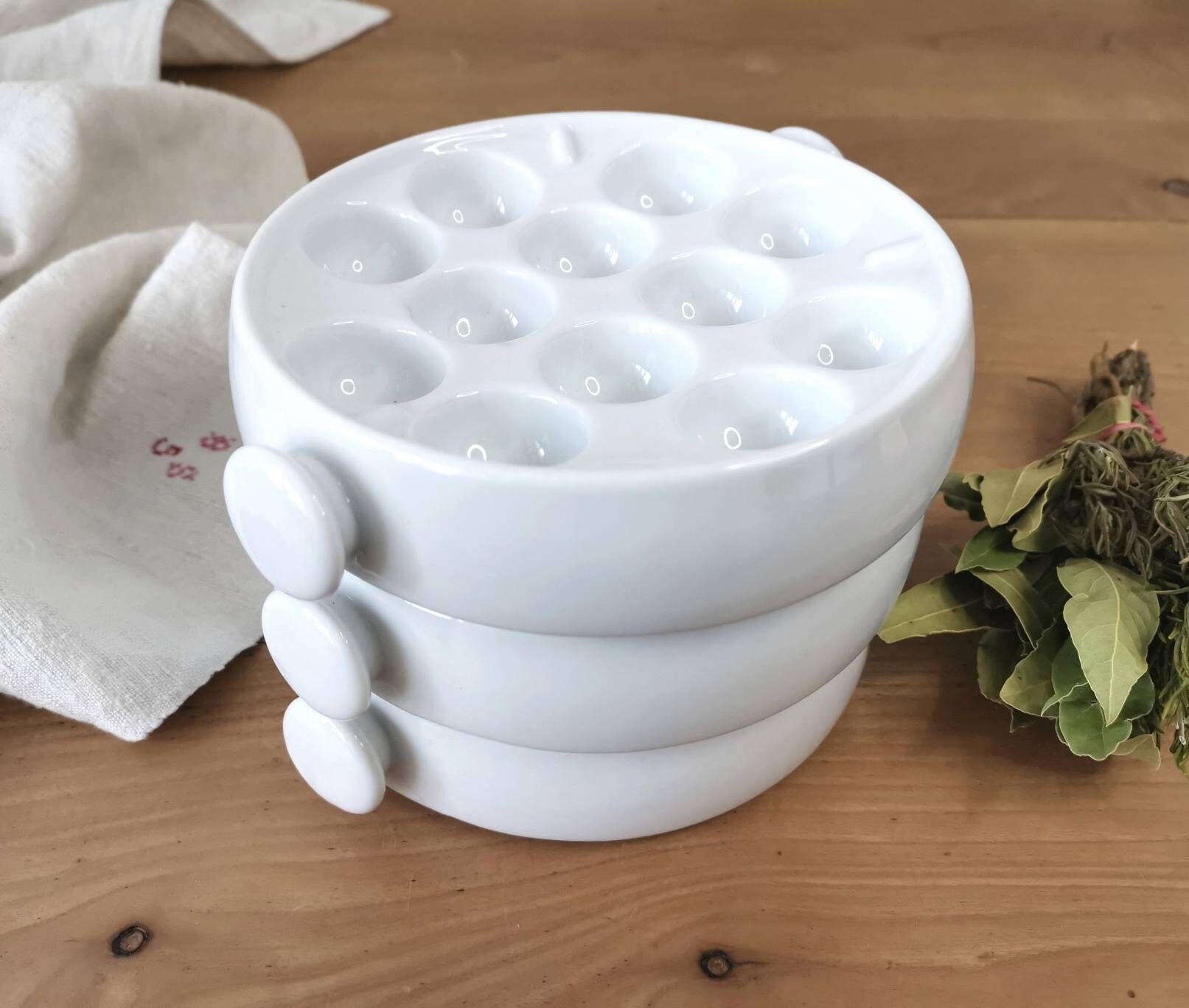 Ensemble de 3 Grandes Assiettes d'escargot Vintage Français/Porcelaine Blanche Escargot Plats Cuisso