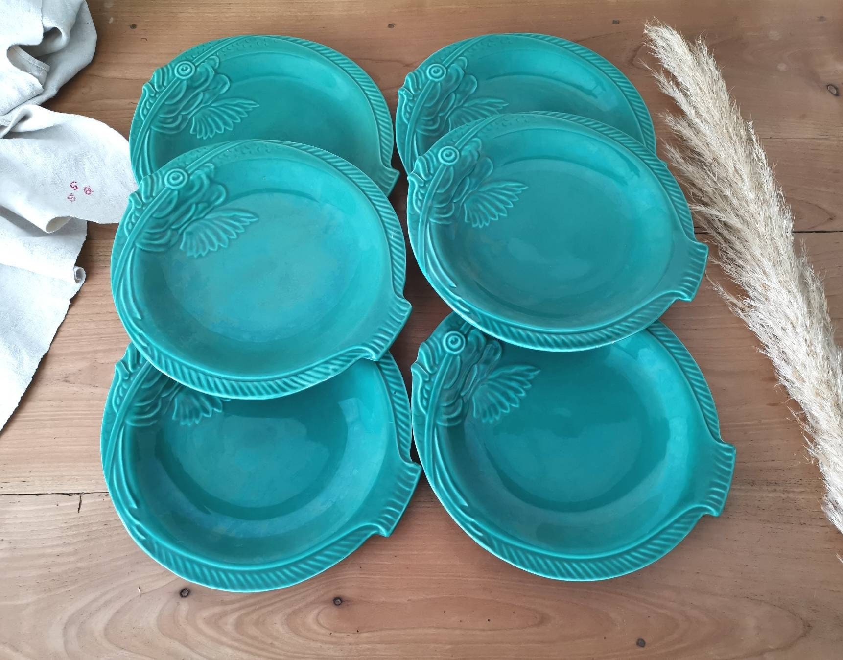 Ensemble de 6 Assiettes Poisson Vert, Plats Antiques Français en Forme Poisson, Majolique Vert Foncé