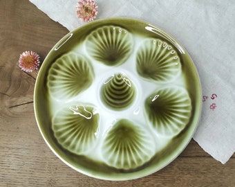 French Antique Oyster Plate stamped ORCHIES France/ White Green Majolica Shell Platter
