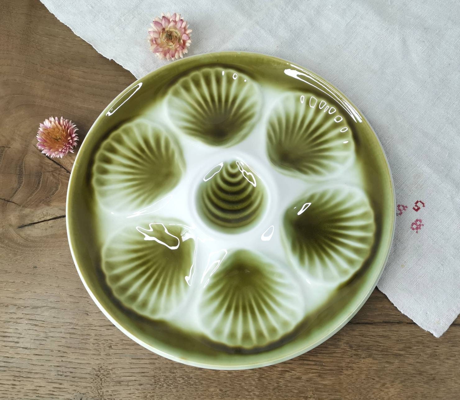 Français Plaque d'huître Antique Estampillée Orchies France/Plateau de Coquille Majolique Verte Blan