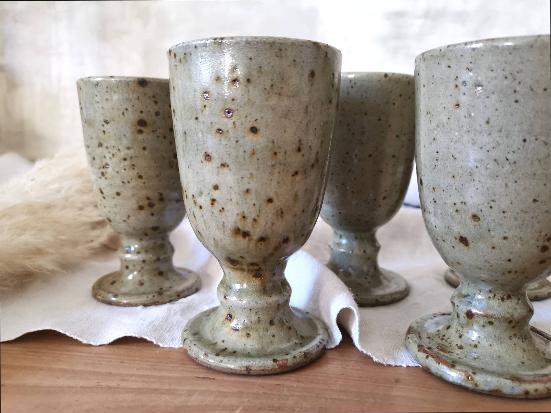 Ensemble de 6 Gobelets Vintage/Tasses Mazagrans Grès Moucheté Beige Naturel Poterie Faite à La Main 