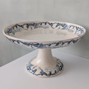1800 French Antique Cake Stand Stamped SARREGUEMINES PETRUS, Art Nouveau, White Blue Floral Transferware