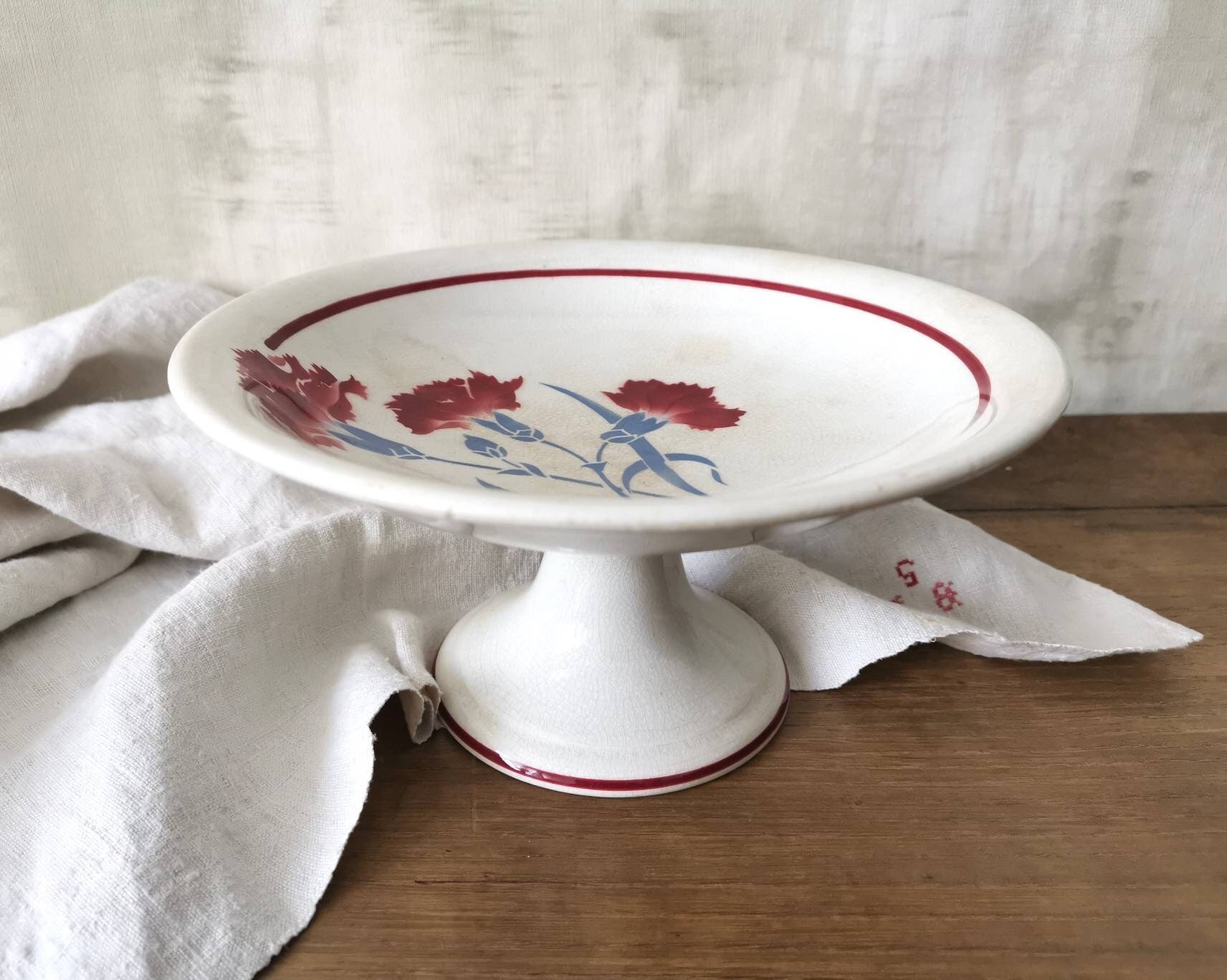 Français Stand à Gâteaux Vintage, Œillets et Feuillages Rose Rouge, Estampillé Orchies Moulins Des L