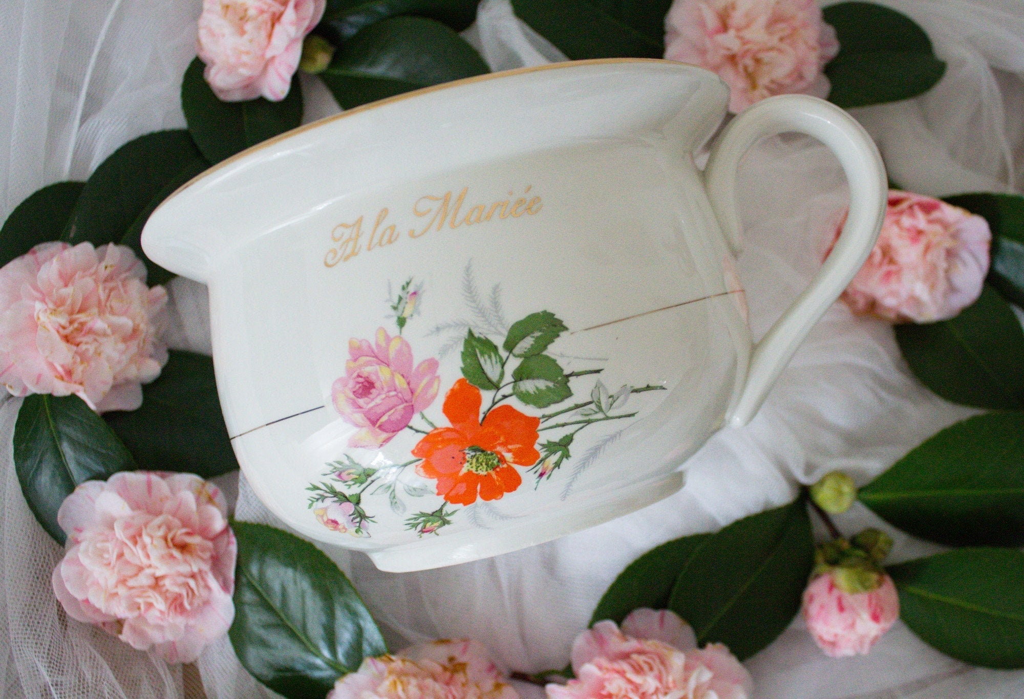 Antique Français White Chamber Pot W Fleurs Rose Rouge/Cadeau de Mariée Cruche de Pichet Toilette Vi