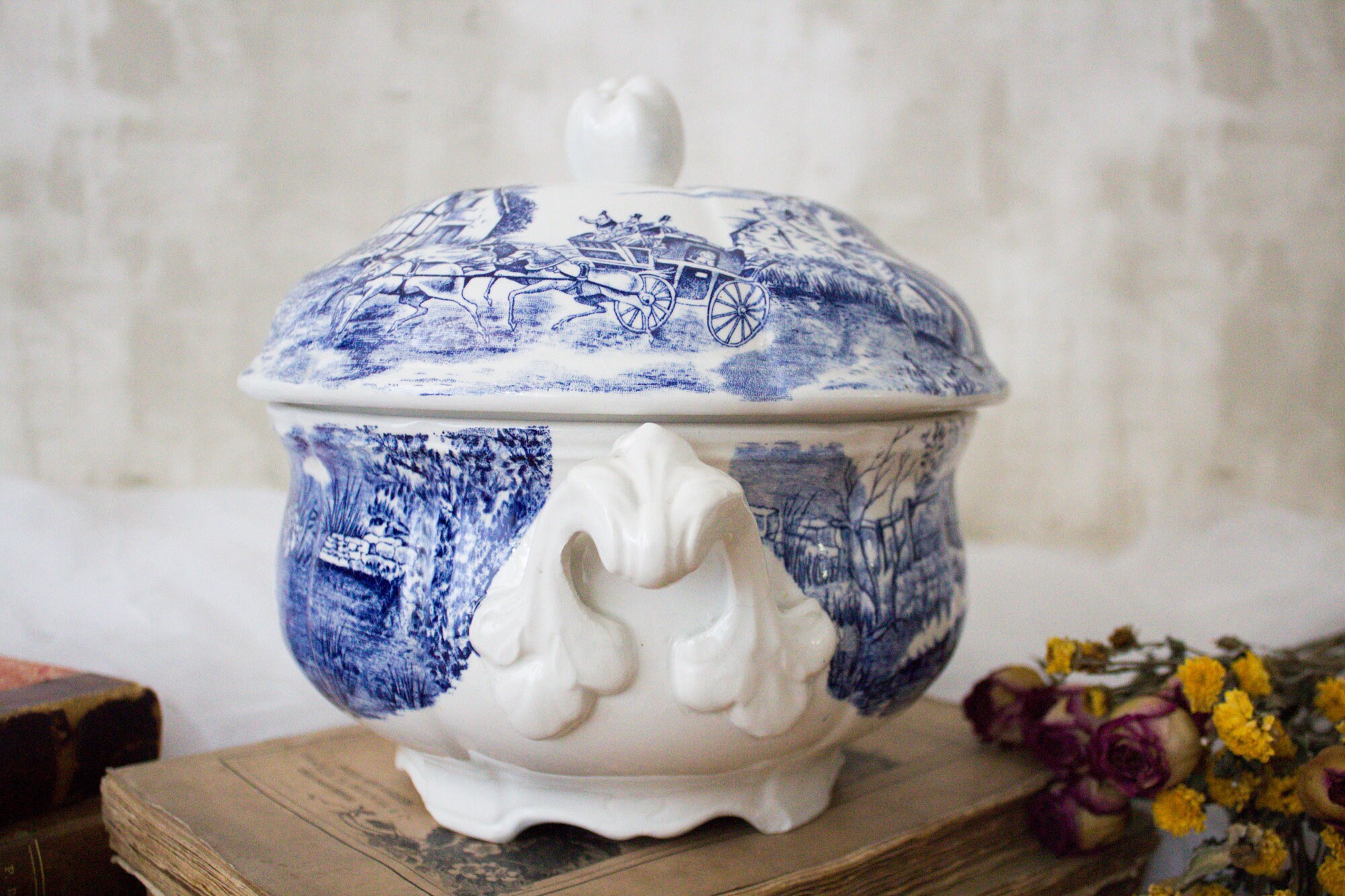 Antique Français Ironstone Soup Tureen Blanc & Bleu/Large Lidded Estampillé Luneville France, Milieu