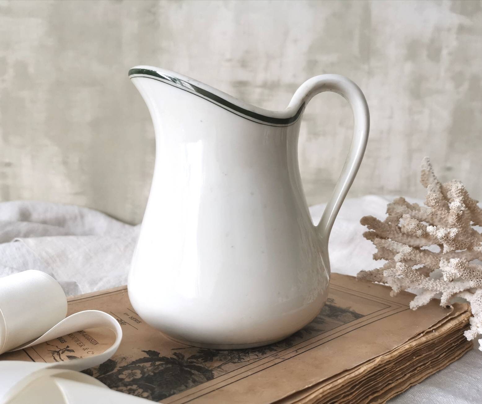 Pillivuyt Mehun France, Pichet Vintage, Porcelaine Blanche W Bande Verte, Cruche Blanche, Crémeuse