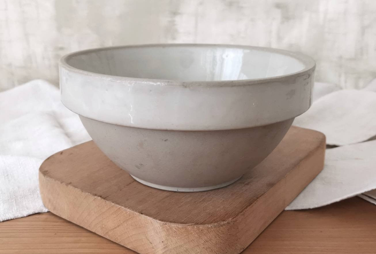 Bol à Mélanger en Grès Français Antique Digoin France, Bol Confit Émaillé Beige/Gris, Grand Bol Croû