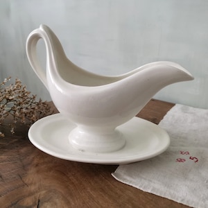 Antique Footed Sauce Boat with Base Stamped BOCH, White Ironstone