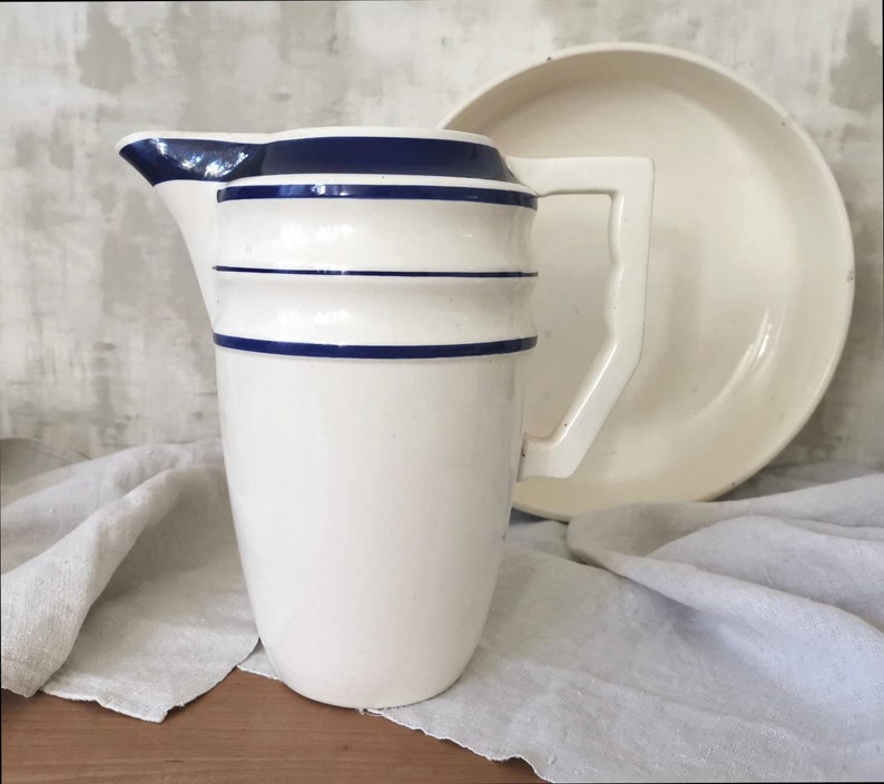 Antique French Ironstone Toilet Set, Choisy le Roi HB & Cie, White and Blue Strips image 3