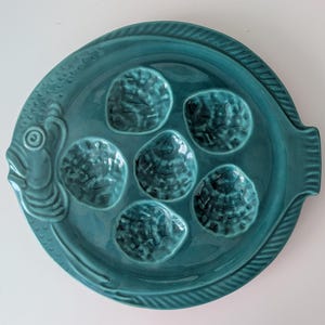 Vintage French Oyster Plate / Green Majolica / Fish Shaped Plate / Shell Plate