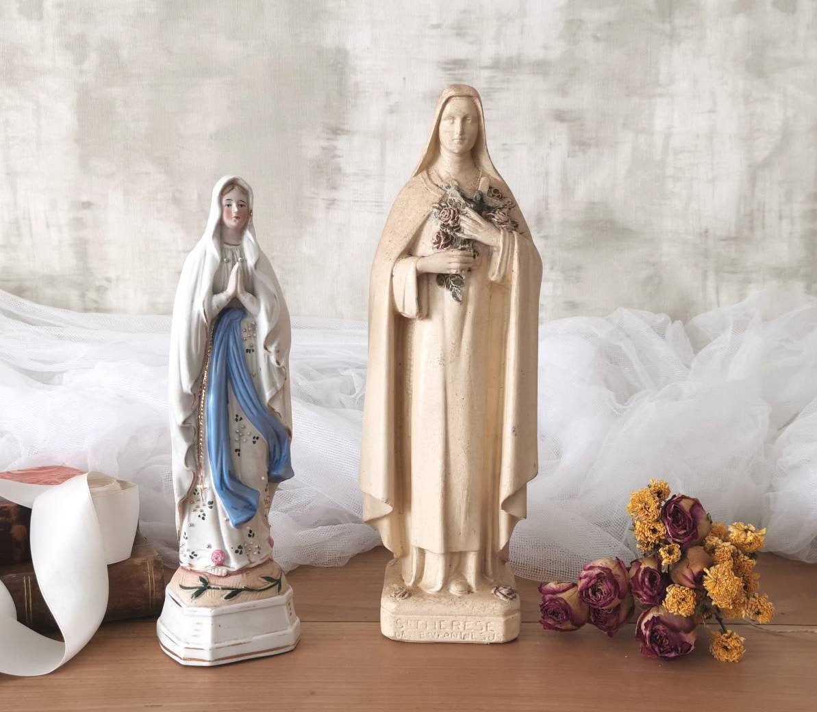 1800S Antique Français Sainte Thérèse Statue Plâtre Craie/Grand Religieuse White Plaster Madonna 13 