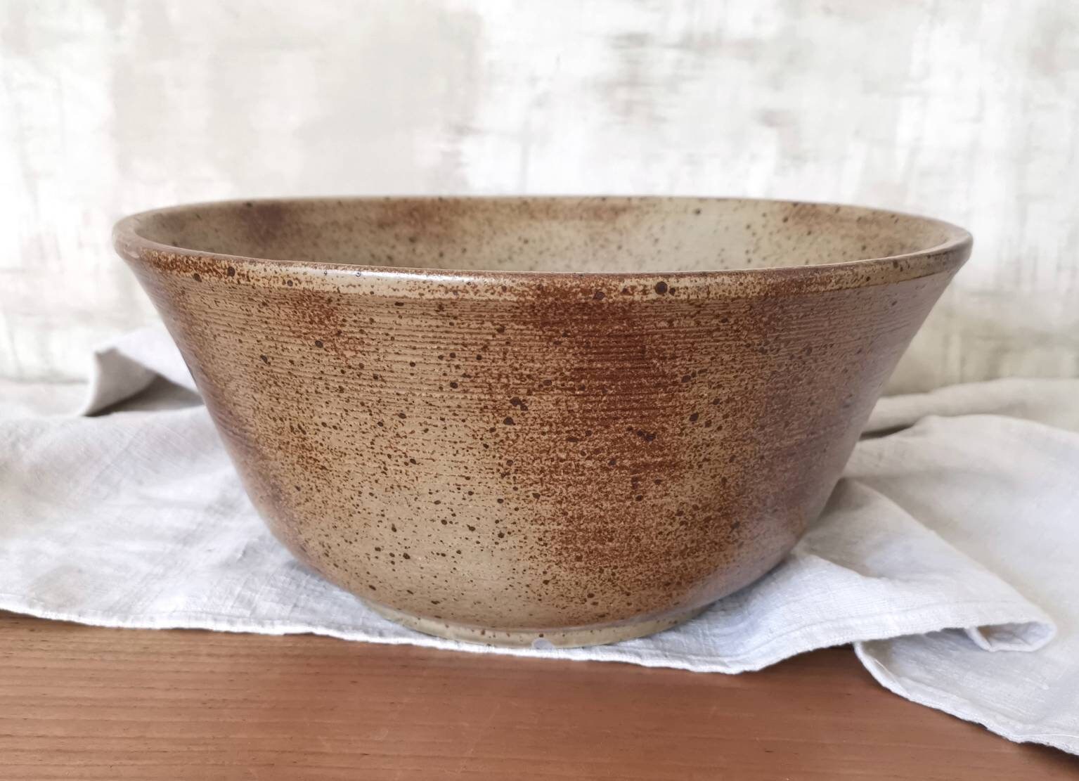 Énorme Bol à Mélanger, Grès Beige Émaillé, Tian Français Antique, Émaillé Brun, Très Grand de Fruits