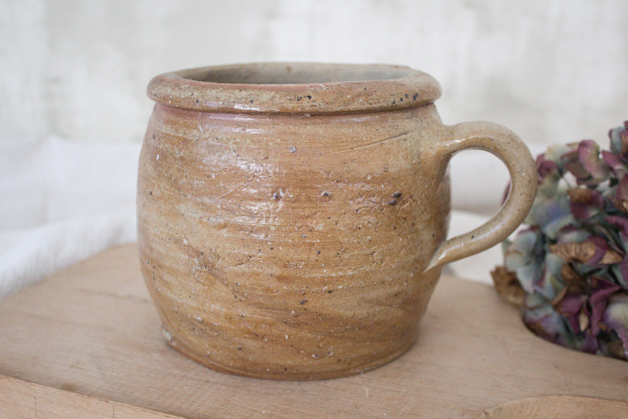 Français Pot Confit Antique Fait à La Main W 1 Poignée Latérale, Pot en Faïence Moyenne, Grès Mat Be