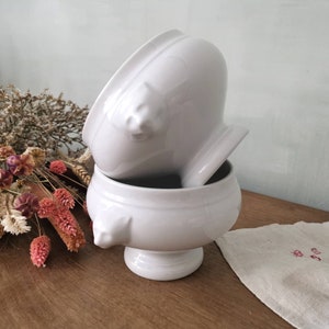 2 PILLIVUYT Vintage French Soup Bowls with Lion Head Handles Stamped L&#39;HIRONDELLE, White Ironstone