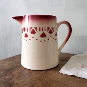 Antique Red Creamy Ironstone Pitcher stamped LUNEVILLE, Shabby Chic Water Jug