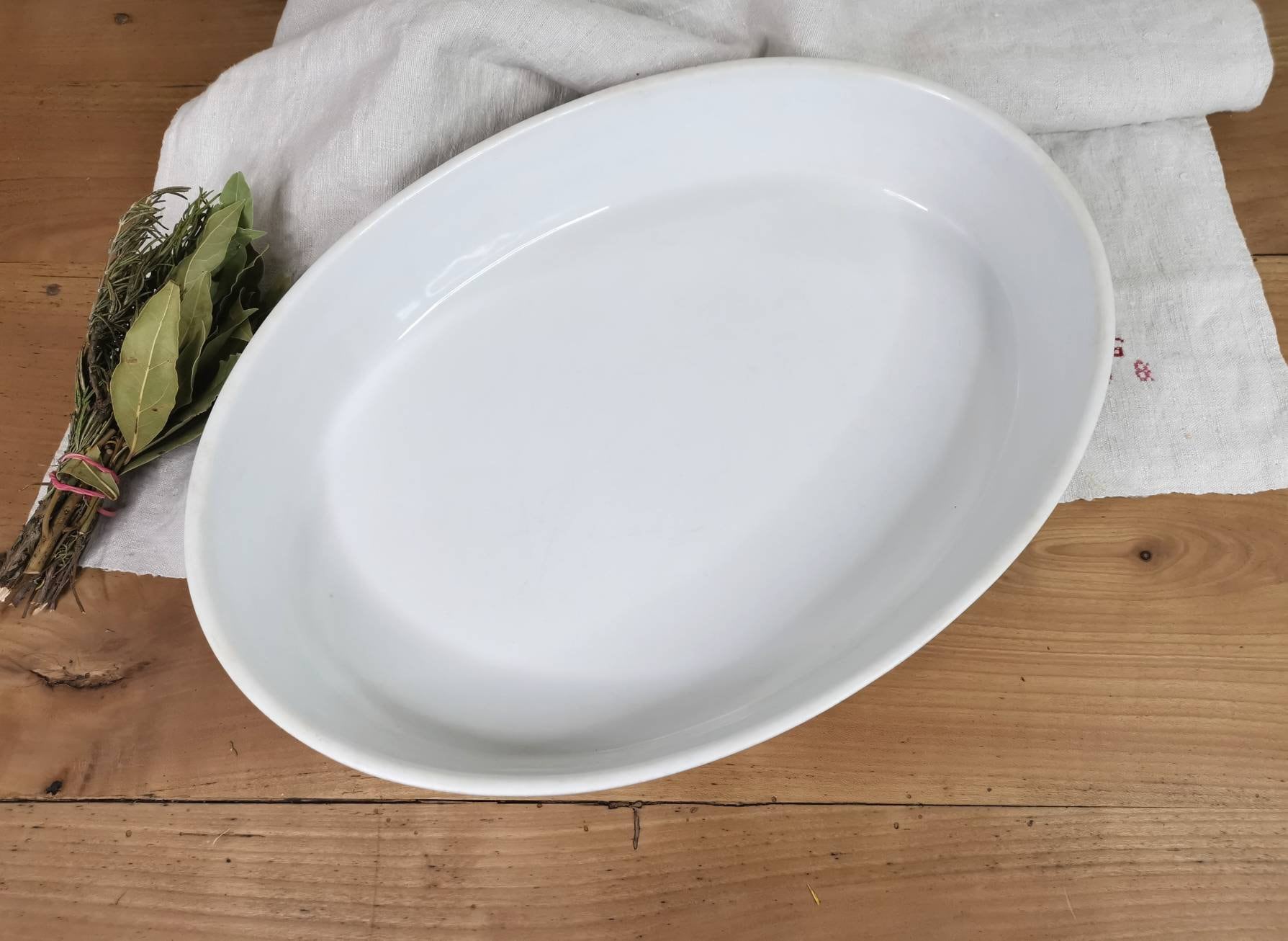 Plat à Gratin Extra Large Français Vintage, Casserole de Four, Rôtissoire Ovale, Porcelaine Blanche