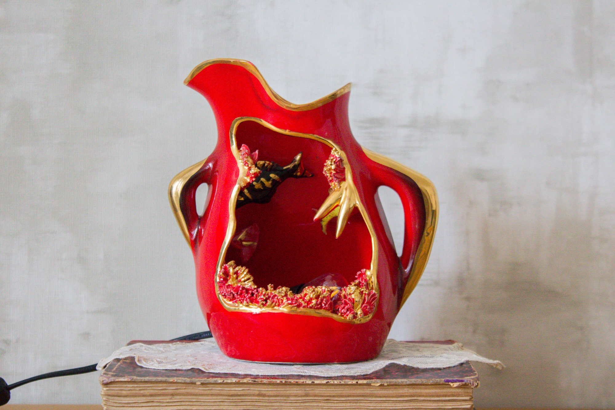 Français Vintage Red Lamp Light Stamped Vallauris France/Night-Light Jug-Shaped W Aquarium Décor, Po