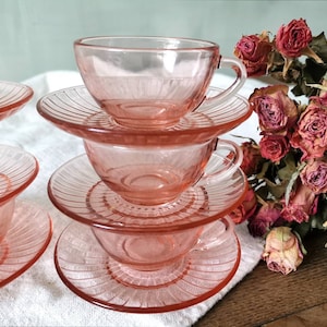 Vintage French Set of 6 Pink Glass Cups w Saucers, Blush Pink Glasseware, Rosaline, Art Deco 1960s, Tempered Glass, Made in France