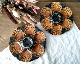 2 assiettes à huîtres vintage françaises estampées SARREGUEMINES France / assiettes en faïence jaune verte