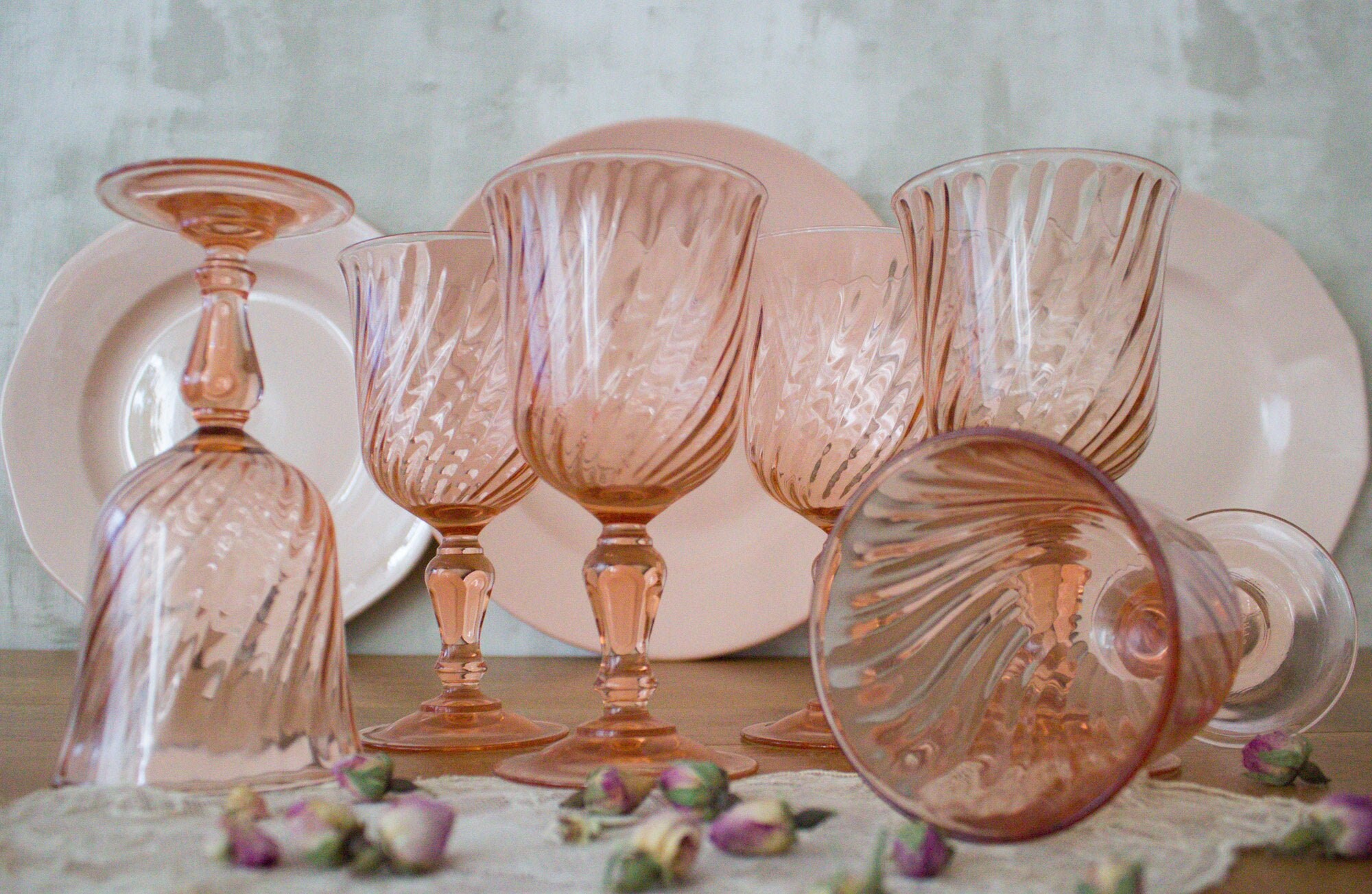 6 Grands Verres à Vin Rose Français Vintage/Verre Blush Rosaline Art Déco Années 1960 Dépression Fab