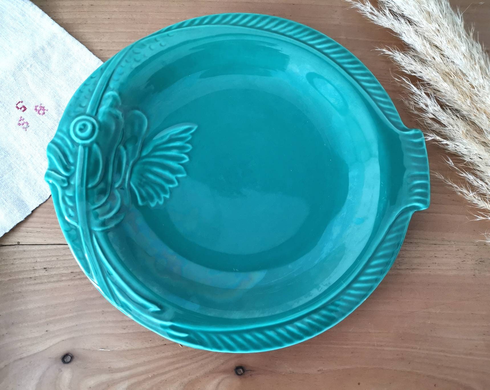 Ensemble de 5 Assiettes Poisson Vert, Plats Antiques Français en Forme Poisson, Majolique Vert Foncé