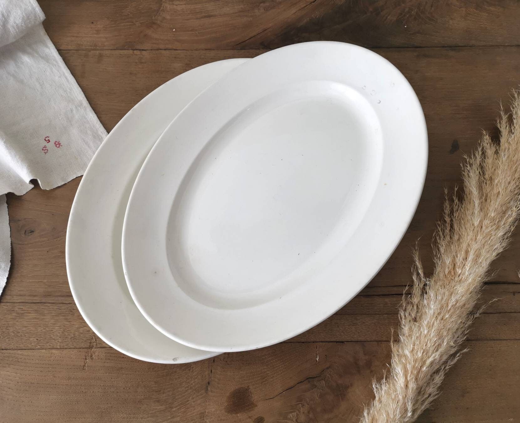 2 Plateaux Antiques en Pierre de Fer Blanche, Digoin Sarreguemines France, Grandes Assiettes Service